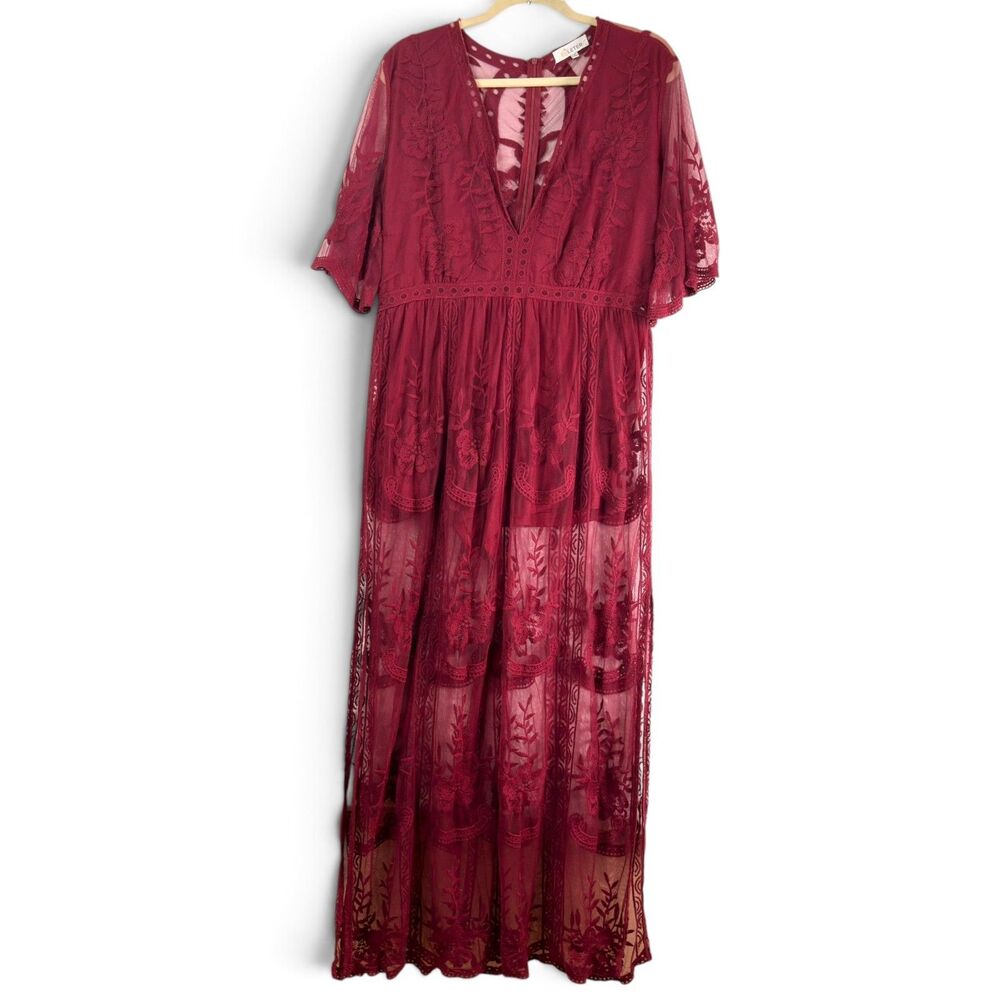 burgundy embroidered lace maxi dress sheer mesh vneck boho xxl flutter by eleter